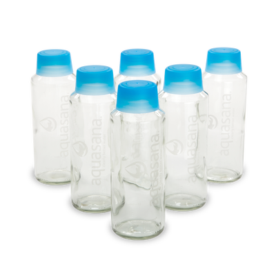 Aquasana Glass Water Bottles and BPA Free Lid, 18-oz, 6-pack, White, blue